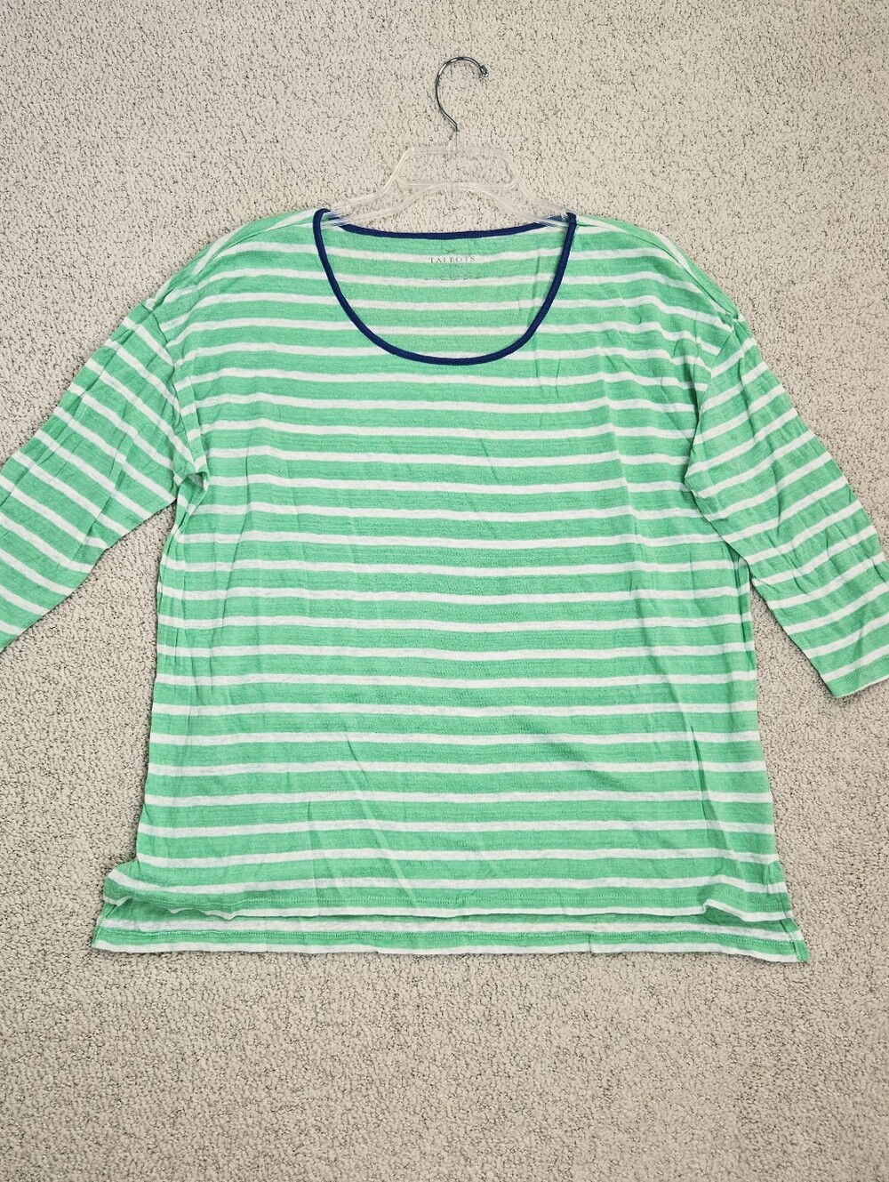 Talbots Linen Shirt 3/4 Sleeves Green White Striped Blue Lightweight Womens 1x